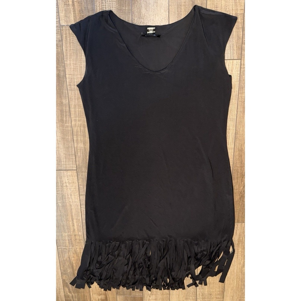 Ashley Stewart Womens Black V-Neck Fringe Hem Sleeveless Tunic Top Mini Dress